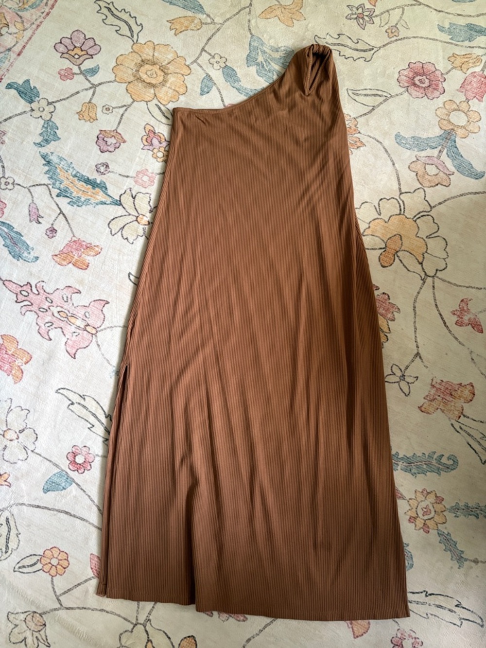 One-Shoulder Ribbed Maxi Dress in Warm Brown w Side Slits
